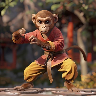 Affe in Kampfkunst-Pose (KI-generiert)